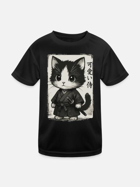 Samurai Katze, Kawaii Kätzchen, Japanischer Kunst - Kinder Funktions-T-Shirt - Schwarz