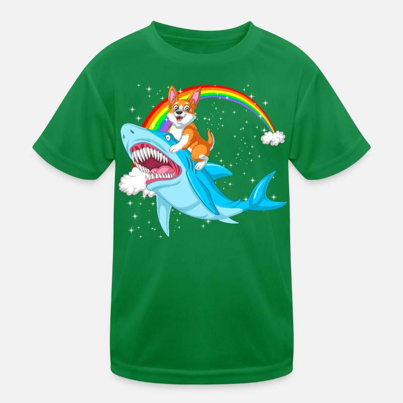 Corgi Riding Shark – Funny Surreal Dog Design Kids Functional T-Shirt