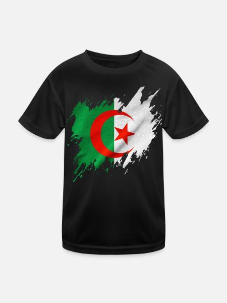 Algerische Flagge, zerrissener Stil - Kinder Funktions-T-Shirt - Schwarz - Vorne