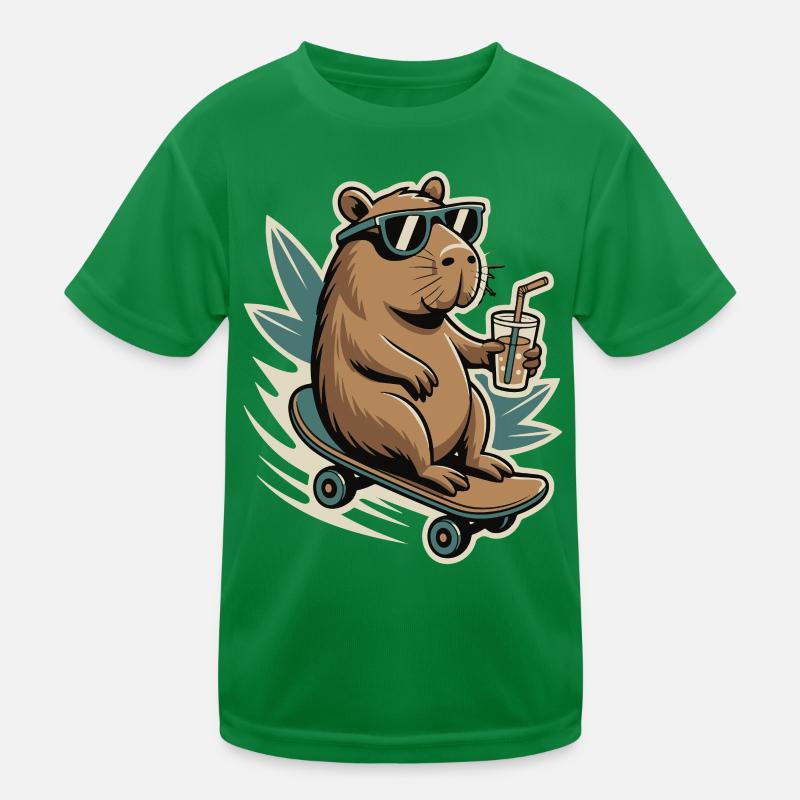 Beaver on skateboard with drink and sunglasses Kids Functional T-Shirt