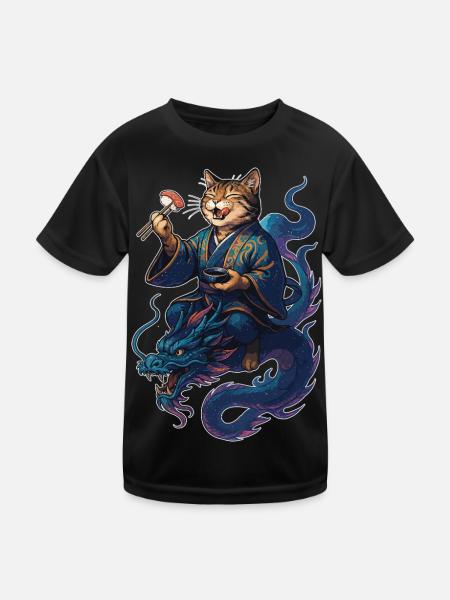 Sushi Katze getigert Kimono Drache Geschenk - Kinder Funktions-T-Shirt - Schwarz - Vorne