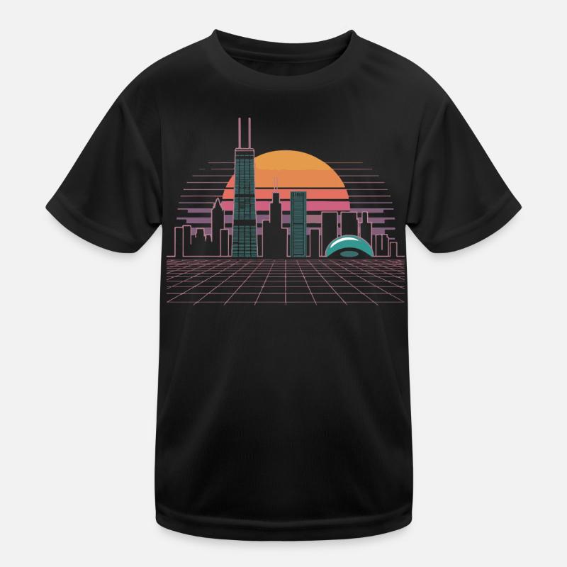 Neon Skyline Sonnenuntergang Kinder Funktions-T-Shirt