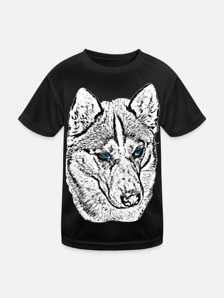 Wolfskopf Zeichnung Blaue Augen - Kinder Funktions-T-Shirt - Schwarz
