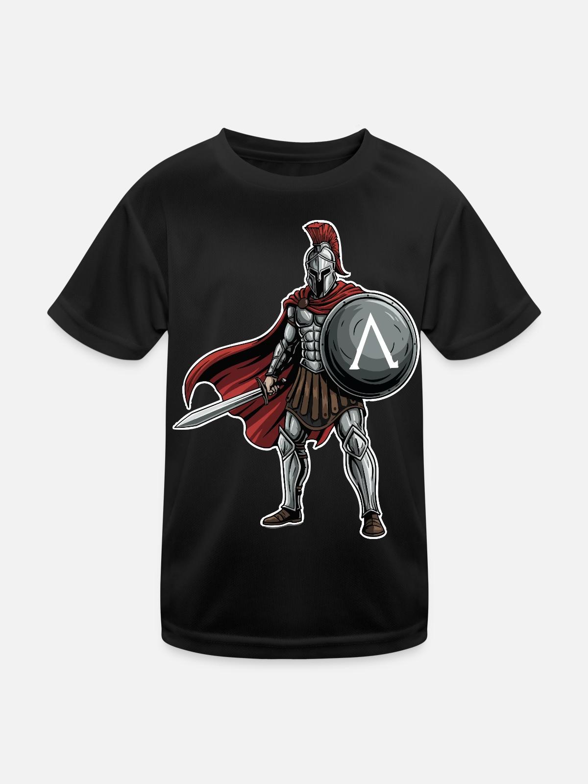 Hoplitisches Spartanisches Lambda-Schild-Schwert-Maskottchen - Kinder Funktions-T-Shirt - Schwarz - Vorne