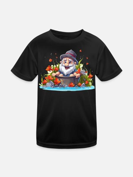 Gnom im Badetopf am Teich - Kinder Funktions-T-Shirt - Schwarz - Vorne