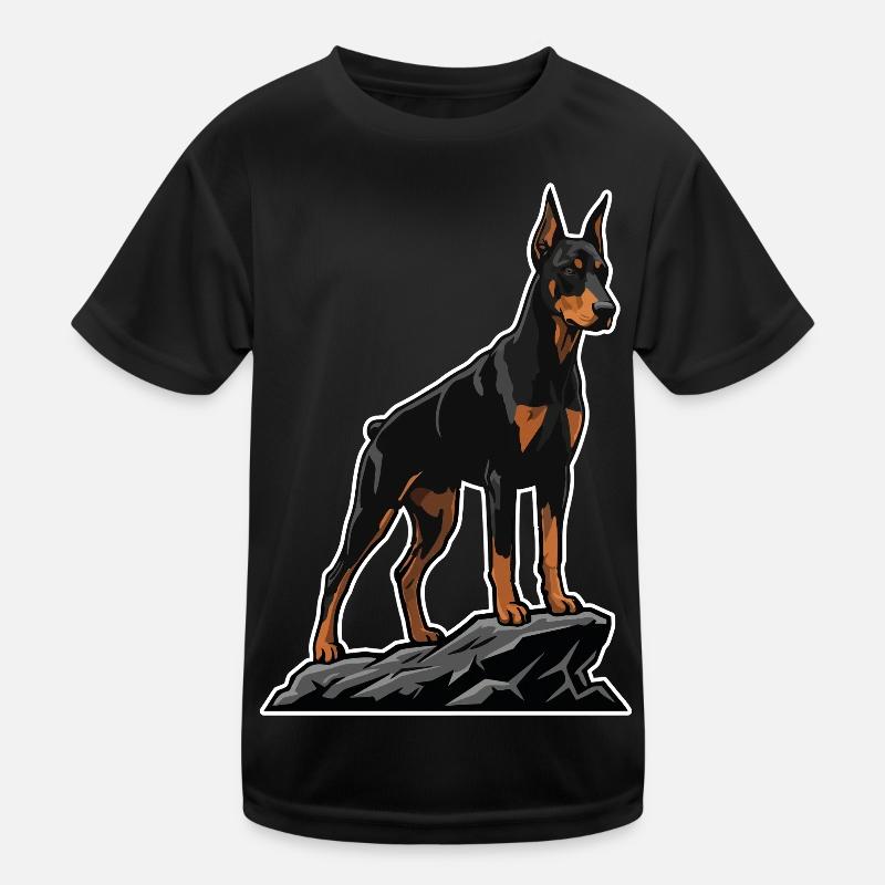 Dobermannhund auf Felsporträt Elite Black Kinder Funktions-T-Shirt