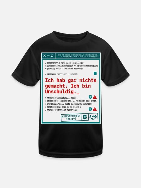Polizei Protokoll Akte Unschuldig - Kinder Funktions-T-Shirt - Schwarz - Vorne