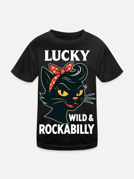 Lucky, Wild & Rockabilly: Black Retro Cat - Kids Functional T-Shirt - black - Front
