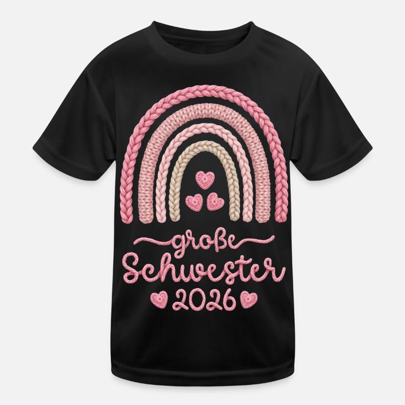 Große Schwester 2026 Regenbogen rosa Strickmuster Kinder Funktions-T-Shirt