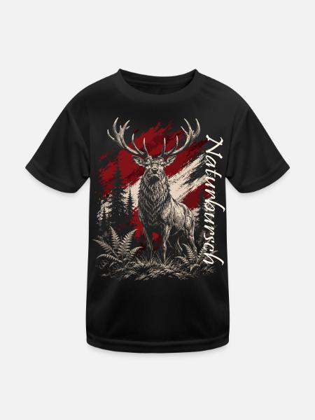 Deer in the Forest – Rustic Illustration - Kids Functional T-Shirt - black - Front