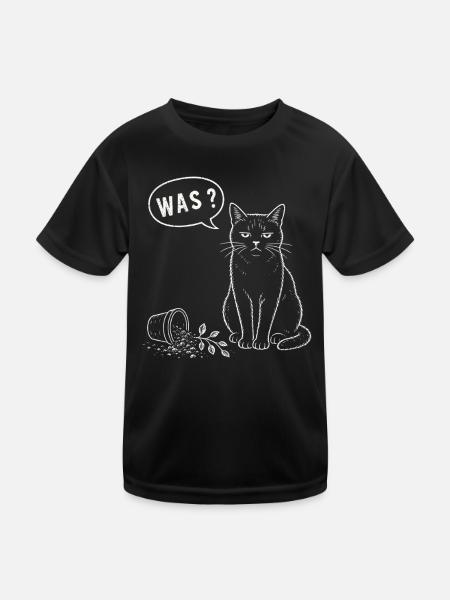 Katze Was Blumentopf Humor Shirt - Kinder Funktions-T-Shirt - Schwarz - Vorne