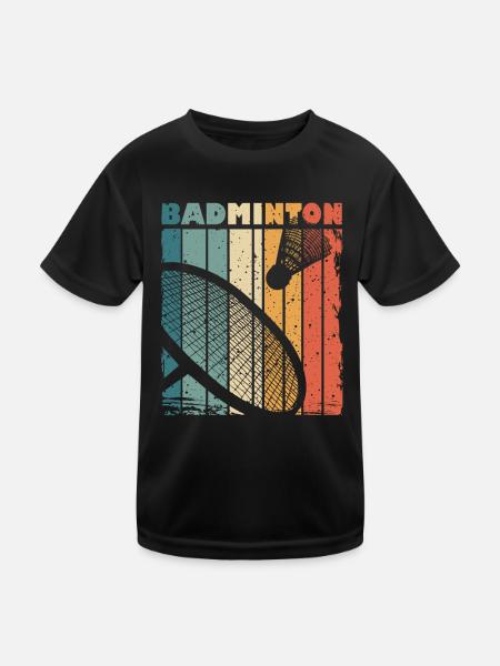 Retro Druck mit Badminton Schläger und Federball - Kinder Funktions-T-Shirt - Schwarz - Vorne