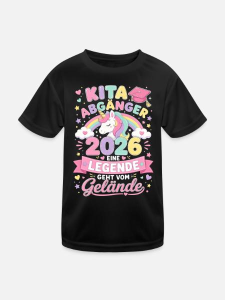 Kita Abgänger 2026 mit Einhorn und Regenbogen - Kinder Funktions-T-Shirt - Schwarz - Vorne