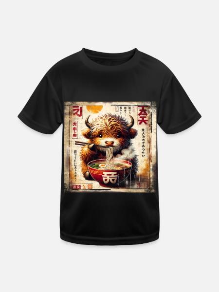 Highland Cow Ramen Vintage Poster Style - Kinder Funktions-T-Shirt - Schwarz - Vorne