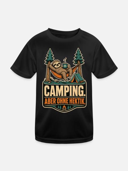 Faultier Camping Ohne Hektik Shirt - Kinder Funktions-T-Shirt - Schwarz - Vorne