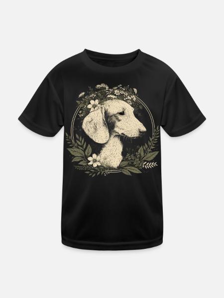 Dackel Hund Wiener Hund Blumenkranz - Kinder Funktions-T-Shirt - Schwarz - Vorne