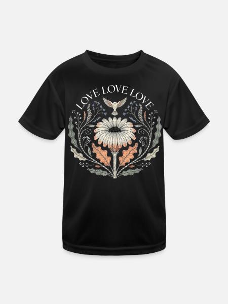 Love Love Love Blumen Spruch Retro T-Shirt - Kinder Funktions-T-Shirt - Schwarz - Vorne