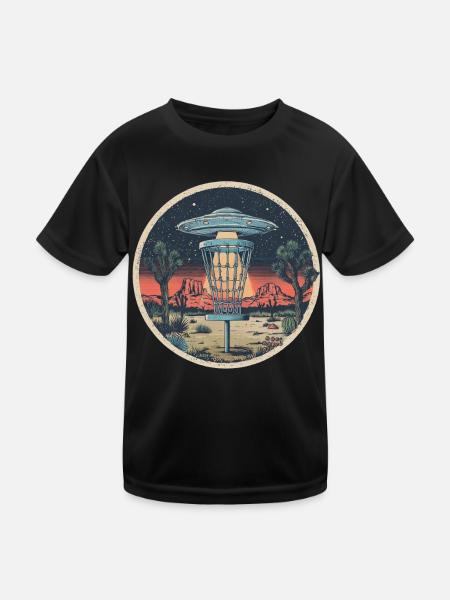Disc Golf Discs UFO Retro Vintage Desert Basket - Kids Functional T-Shirt - black - Front