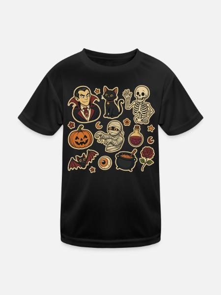 Grusel-Halloween Sticker-Set - Kinder Funktions-T-Shirt - Schwarz - Vorne