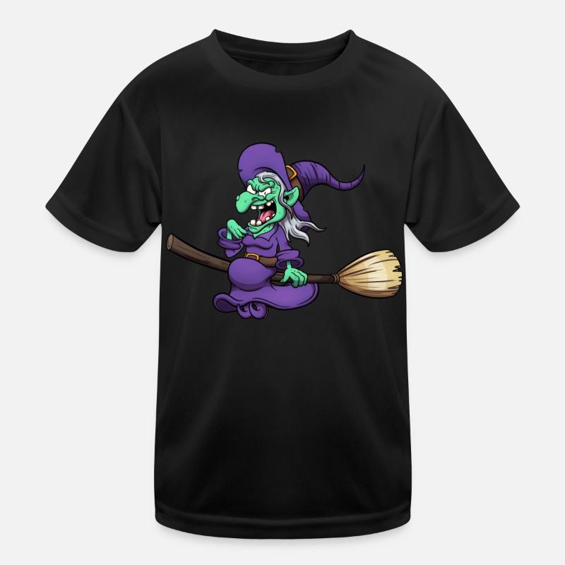 Crazy Laughing Witch On Broom Kids Functional T-Shirt