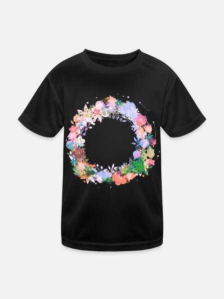 flower wreath,empty, wreath,graffti,colorful,flowers - Kids Functional T-Shirt - black - Front