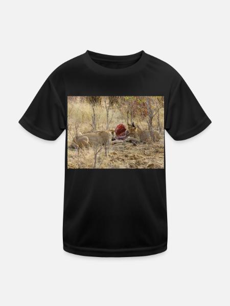 ein Rudel fressender Löwen im Chobe-Nationalpark - Kinder Funktions-T-Shirt - Schwarz - Vorne