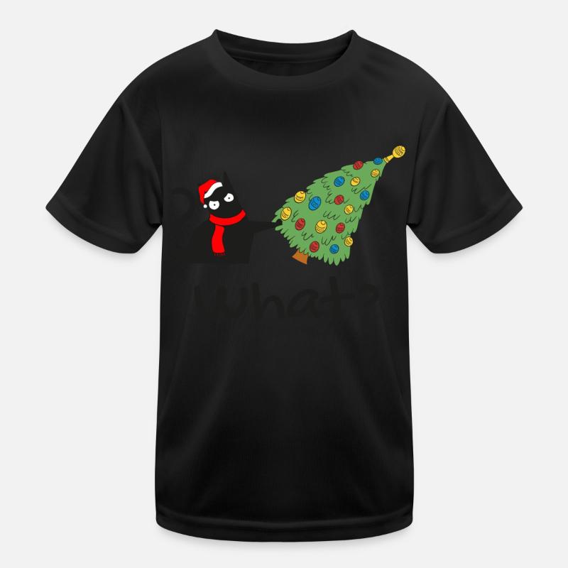 Lustige schwarze Katze schiebt Weihnachtsbaum über Katze Kinder Funktions-T-Shirt