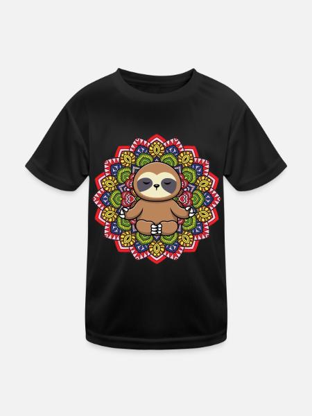 Yogi Buddhist Farbenfrohes Mandala Yoga Faultier - Kinder Funktions-T-Shirt - Schwarz - Vorne