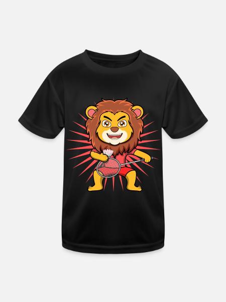 Cute Lion Badminton Player Ironic Hobby Sports - Kids Functional T-Shirt - black - Front