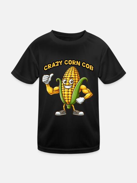 Crazy Veggies: Corn Cob Body Builder Thumbs Up - Kids Functional T-Shirt - black - Front