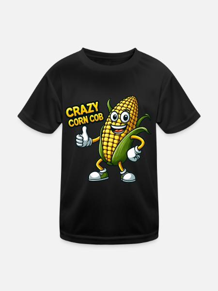 Crazy Veggies: Corn Cob Thumbs Up - Kinder Funktions-T-Shirt - Schwarz - Vorne