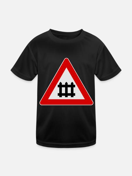 Warning train gate sign - Kids Functional T-Shirt - black - Front