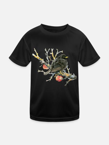 Liebevoll gemalte Amsel auf einem Apfelzweig - Kinder Funktions-T-Shirt - Schwarz - Vorne