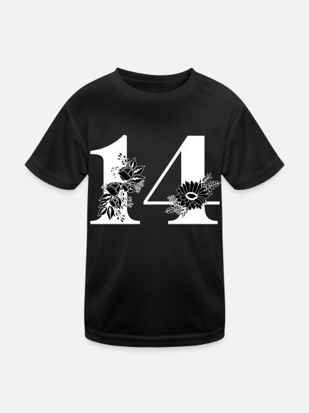 Nummer 14 Schwarze Blumen - 14. Blumengeburtstag - Kinder Funktions-T-Shirt - Schwarz - Vorne