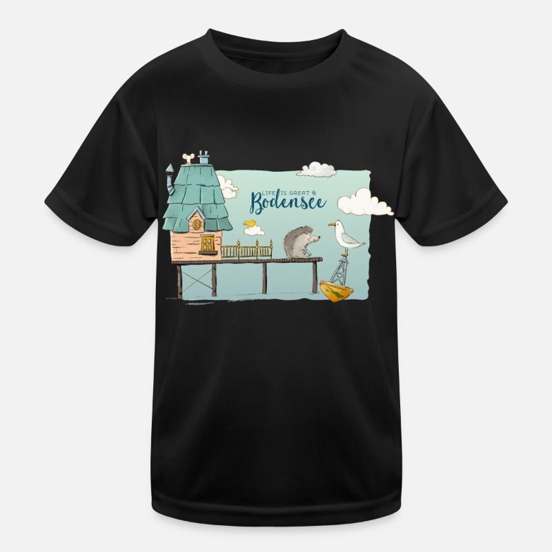 Pfahlbauten Bodensee - Süßes Motiv mit Igel & Möwe - Kinder Funktions-T-Shirt - Schwarz