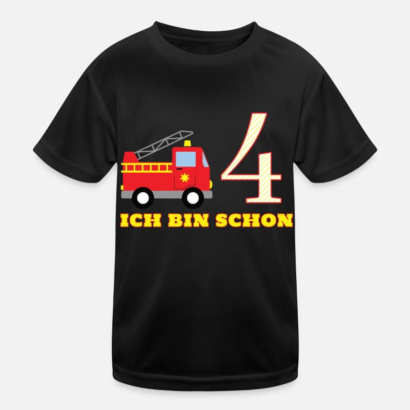 Geburtstag Jungen Ich bin schon 4 Jahre Feuerwehr Kinder Funktions-T-Shirt