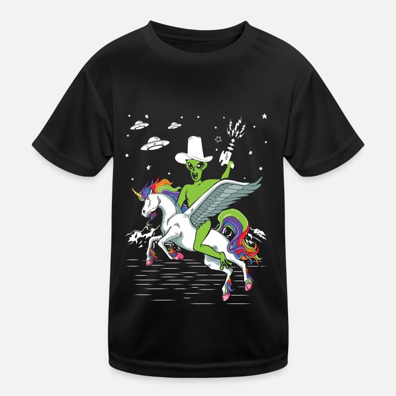 Alien reitet Einhorn Unheimlich Kinder Funktions-T-Shirt