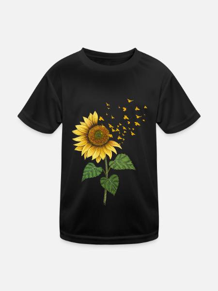 Sonnenblumen Vögel Niedlich Floral - Kinder Funktions-T-Shirt - Schwarz - Vorne