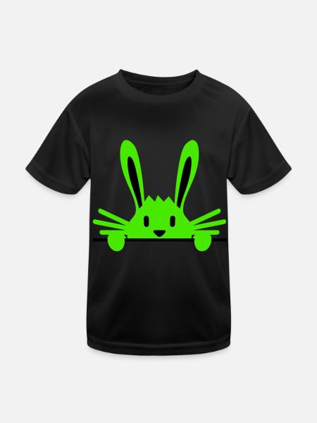 Hase versteckt sich schüchtern hinter Mauer Zaun - Kinder Funktions-T-Shirt - Schwarz - Vorne