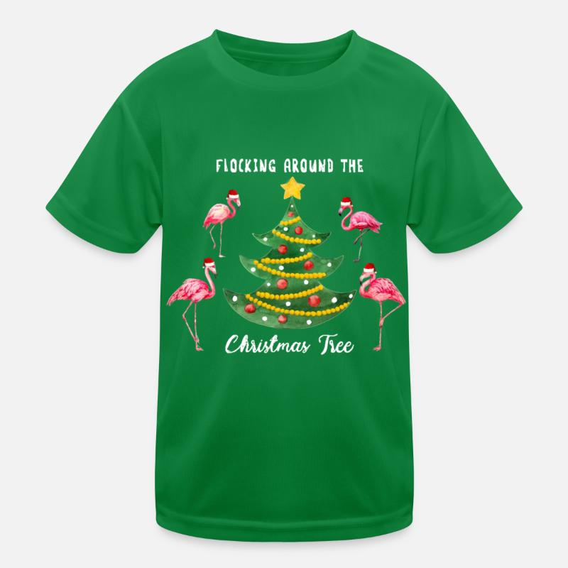 Flamingo Flocking Around Christmas Tree Kids Functional T-Shirt