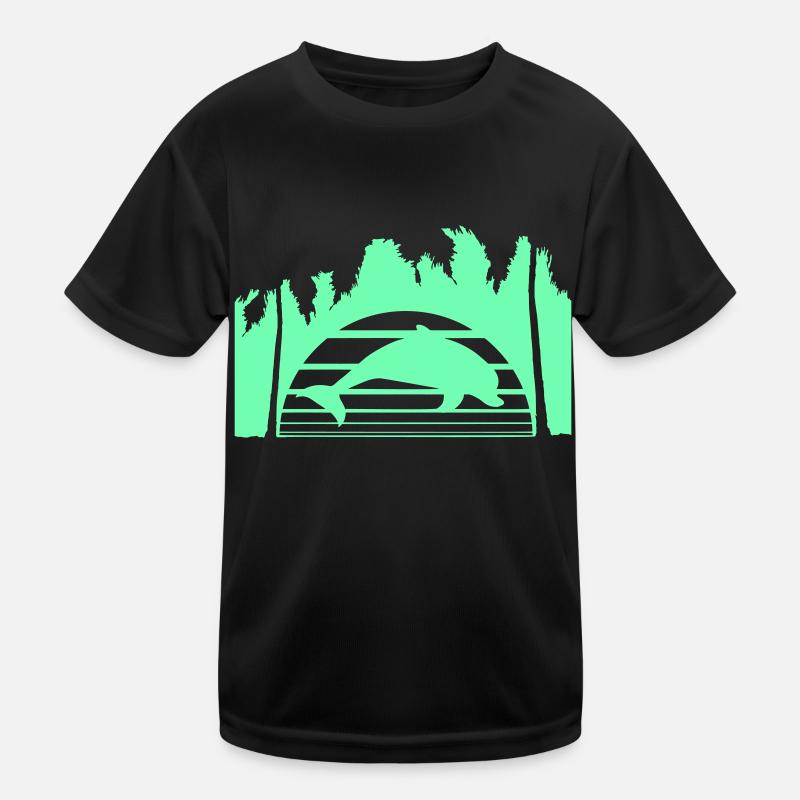 Dolphin Jumping Lines Sun Palm Trees Cool Silhouette Kids Functional T-Shirt