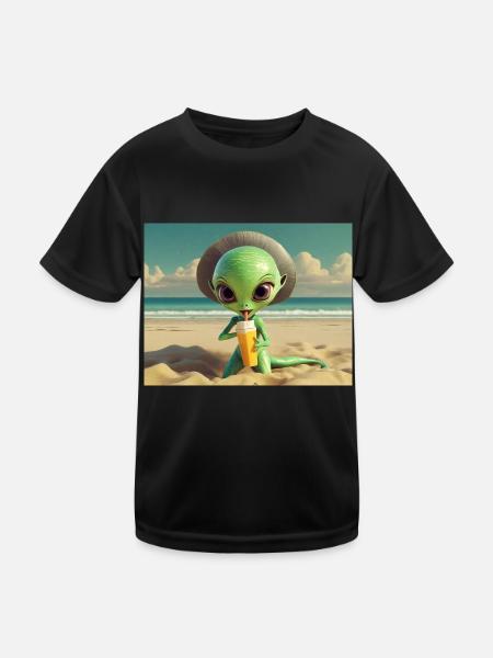 niedliche kleine grüne retro vintage alien sonnenbaden - Kinder Funktions-T-Shirt - Schwarz - Vorne