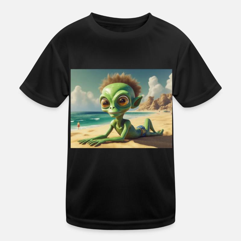 cute little green retro vintage alien sun bathing Kids Functional T-Shirt