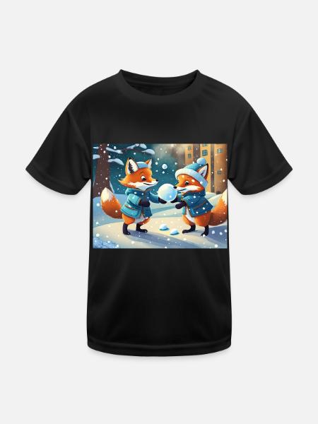 cute little fiend fox everyday life – playing snow - Kids Functional T-Shirt - black - Front