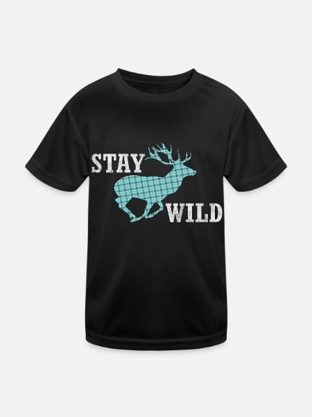 Stay Wild - laufender Hirsch mit frechem Muster - Kinder Funktions-T-Shirt - Schwarz - Vorne