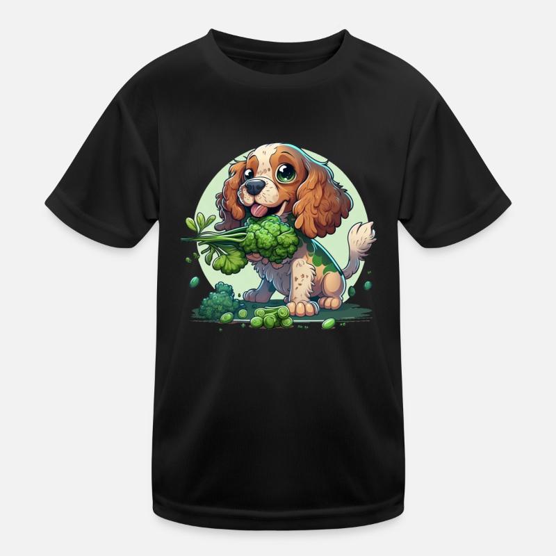 Cute dog eats broccoli vegetables Kids Functional T-Shirt