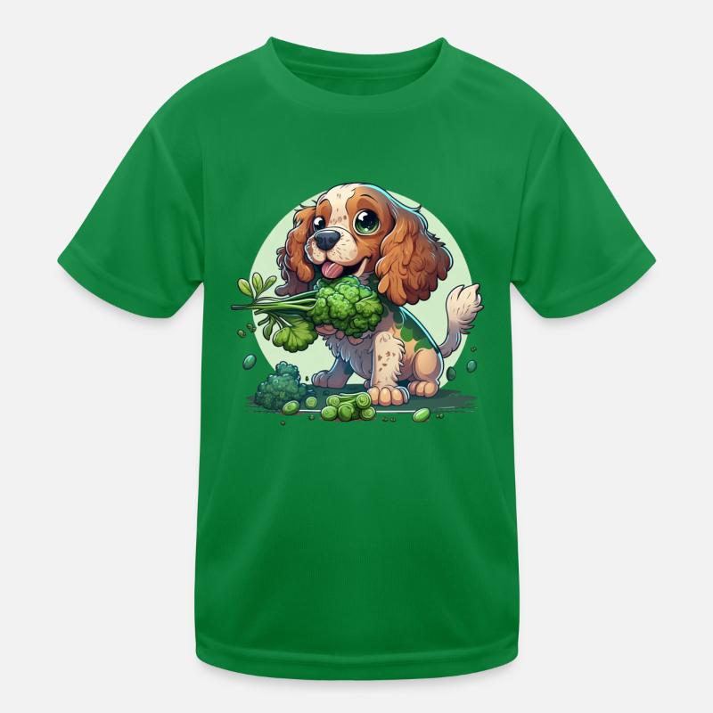 Cute dog eats broccoli vegetables Kids Functional T-Shirt