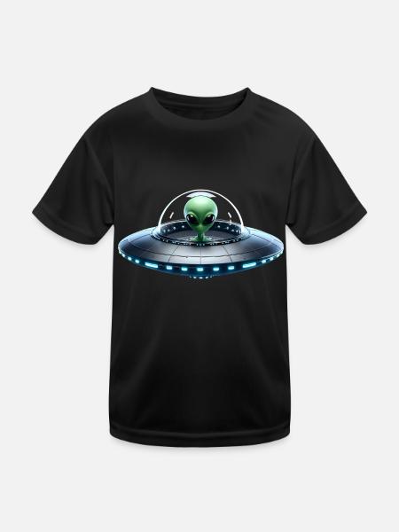 Grünes Alien im Raumschiff - Kinder Funktions-T-Shirt - Schwarz - Vorne