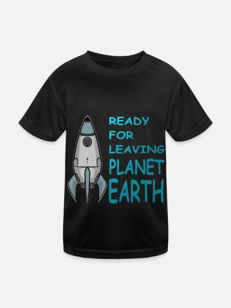 Leaving Planet Earth, Rakete im Weltraum, Shirt - Kinder Funktions-T-Shirt - Schwarz - Vorne