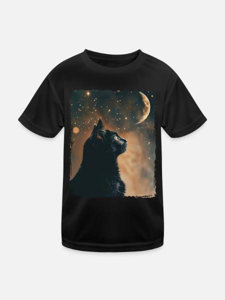 Black Cat Animal Stars Full Moon Night Starry Sky - Kids Functional T-Shirt - black - Front